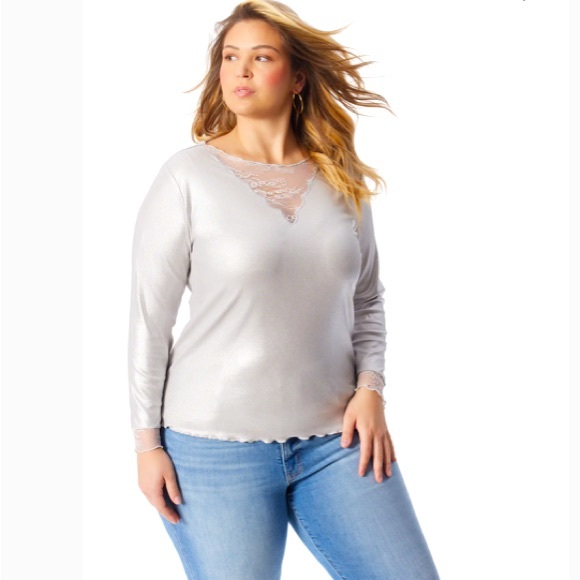 Jessica Simpson Plus size lace accented long sleeve pullover top metallic look - Picture 1 of 12